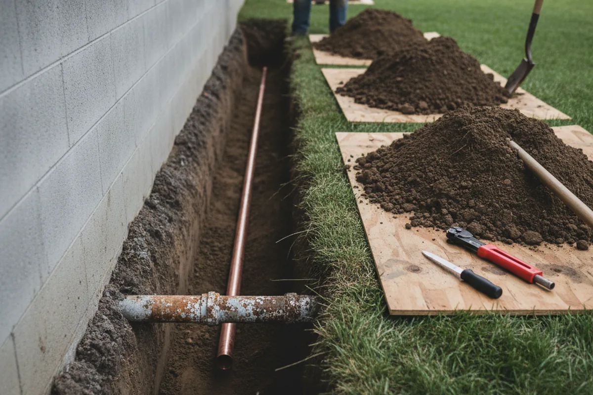 Excavated water line trench during Sewer Line Repair in Tishomingo